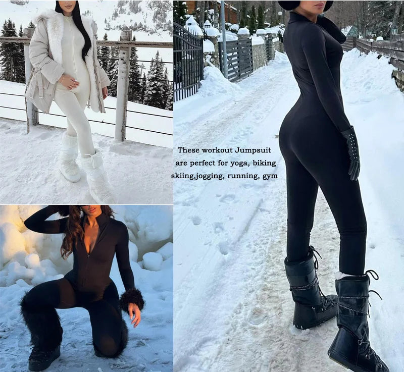 VITALINOVO Women Fleece Lined Workout Jumpsuits Long Sleeve Zip Up Yoga Romper Winter Warm Thermal One Piece Bodycon Bottom Pant