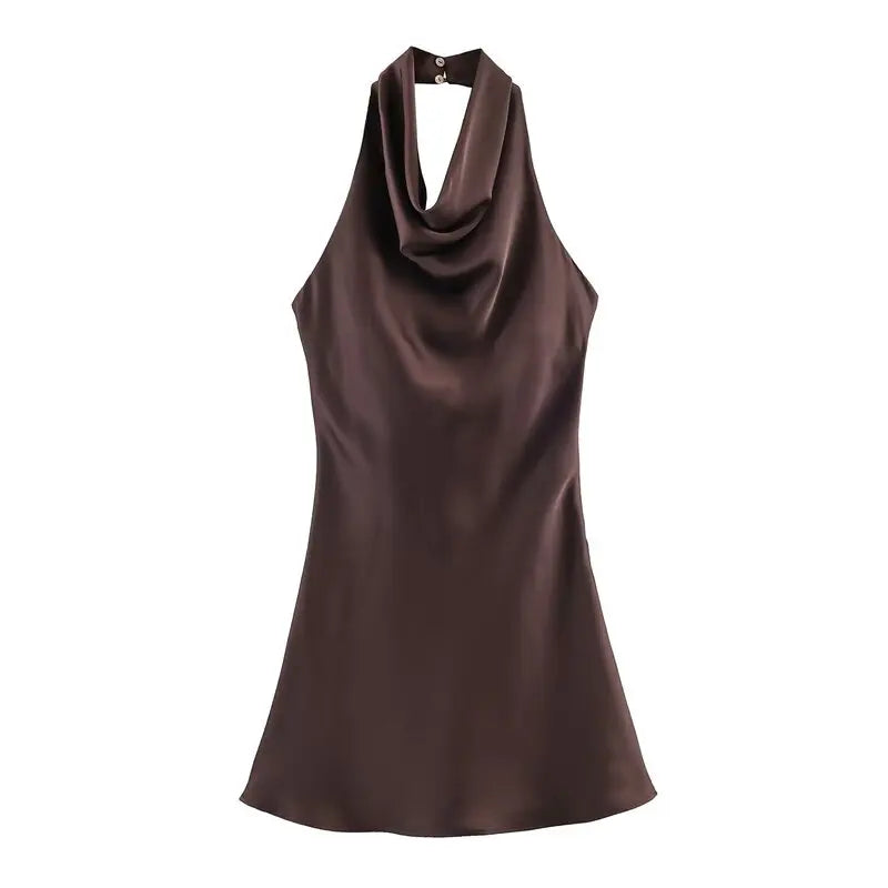 Silk Satin Texture Summer New Arrival Women's  Dr Hanging Ne Collar Gown Soft A-Line Skirt High Waist Pure Color