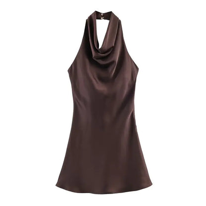 Silk Satin Texture Summer New Arrival Women's  Dr Hanging Ne Collar Gown Soft A-Line Skirt High Waist Pure Color