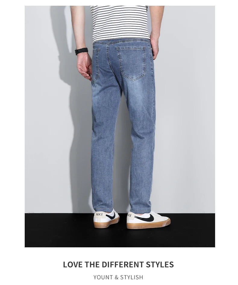 Men's Ice Silk Denim Cargo Pants Summer New Thin Business Casual Jeans Outdoor Y2K All Match Slim Fit Straight Elastic Jean Male