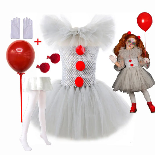 Pennywise Inspired Horrible Creature It Clown Tutu Dress Kids Joker Cosplay Costume with Hair Pin Gloves Girl Halloween Apparel