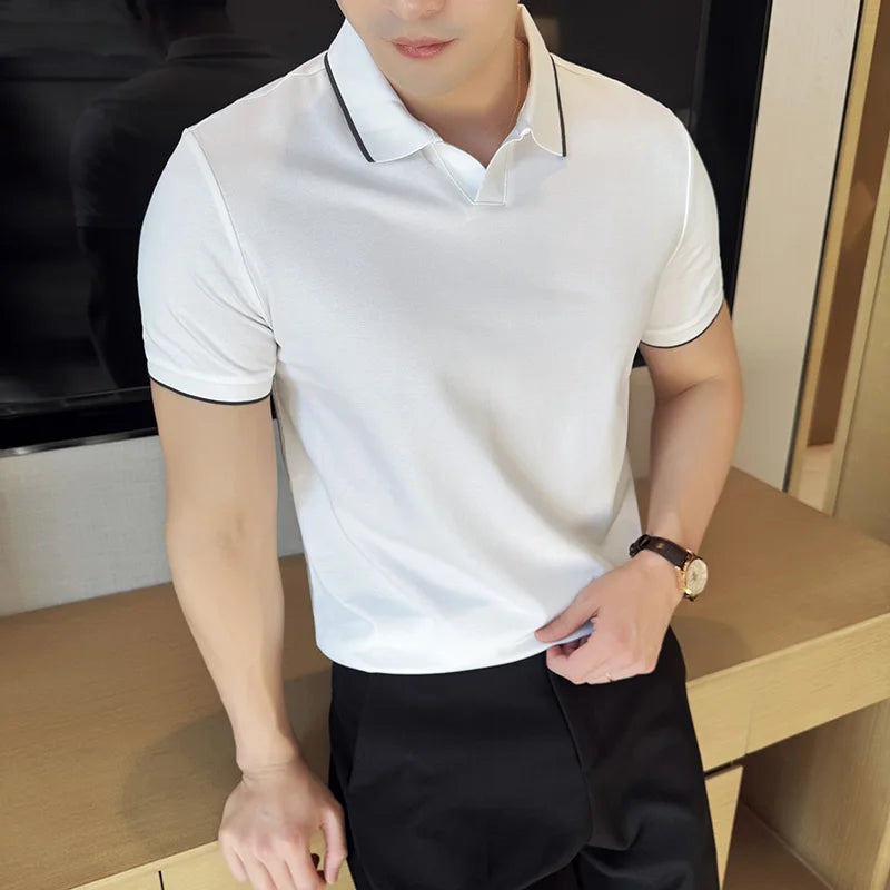 Business Casual Solid Color Men's Polo Shirt, 2024 Summer Classic, Men Short Sleeve V-neck T-shirt, Slim Fit Spliced Polo 4XL-M