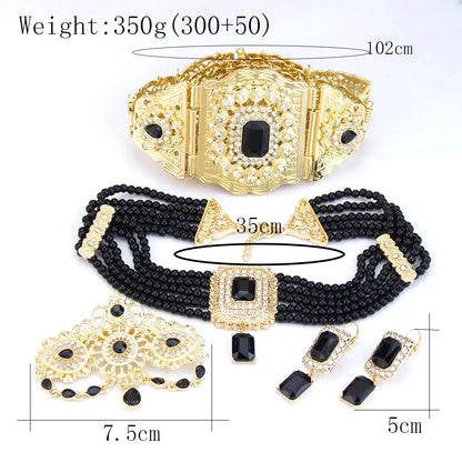 Chic Moroccan Bridal Jewelry Women Caftan Belt Waist Chain Bead Choker Necklace Crystal Earring Brooch Pin Gold Color