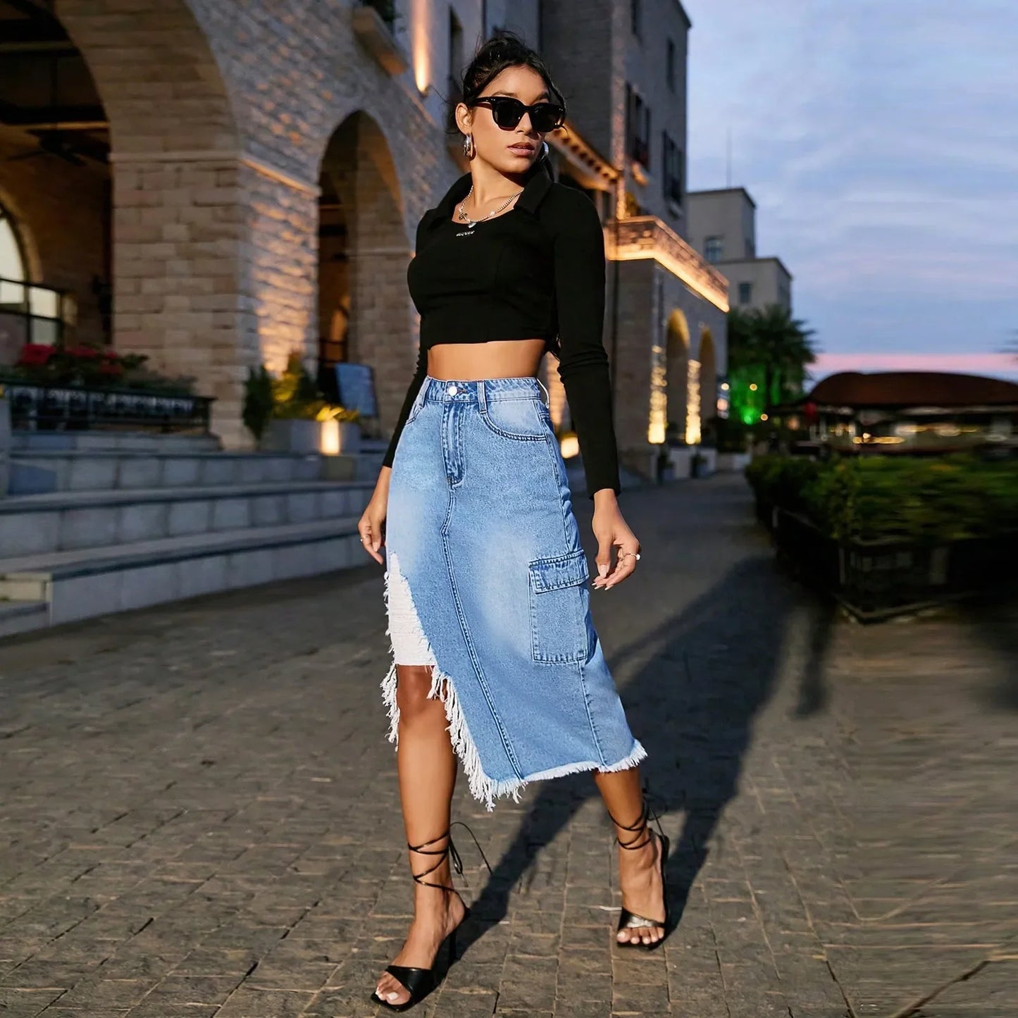 Saia Jeans Feminina De Cintura Alta Slim-Fit Com Fendas Laterais