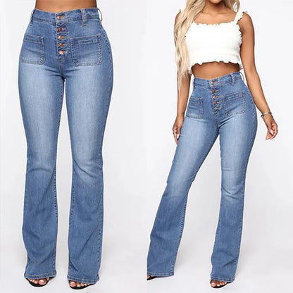 High Waist Breasted Jeans Slightly Flared Pants Jeans
