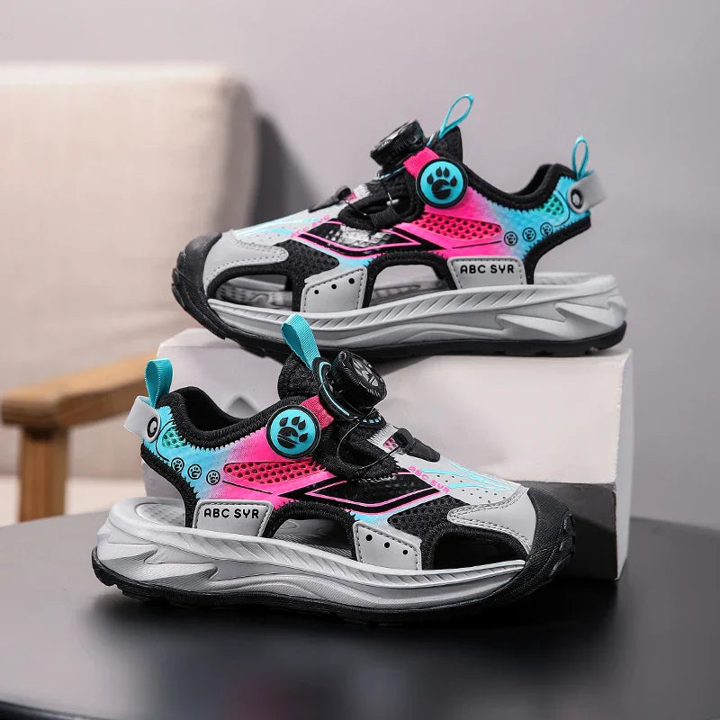 Kids Rotating Button Closed-Toe Sandals, Breathable Mesh Sport Shoes for Boys, Non-Slip Adjustable Summer Beach Sneakers