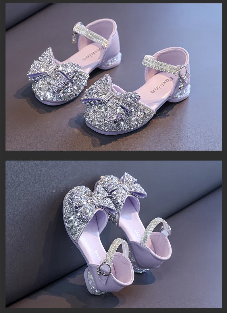 2025 Children's Crystal Princess Shoes bow Tie stylish summer new girls' head-wrapped sandals small high heels performance shoes