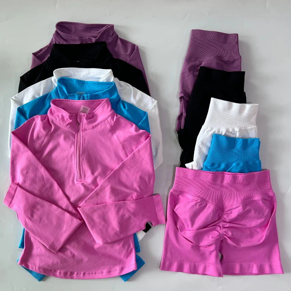No Logo 2pcs Long Sleeve Yoga Set Women Half Zippy Jacket Longline Sports Top Gym Shorts Fitness Suits Running Coats Workout Set