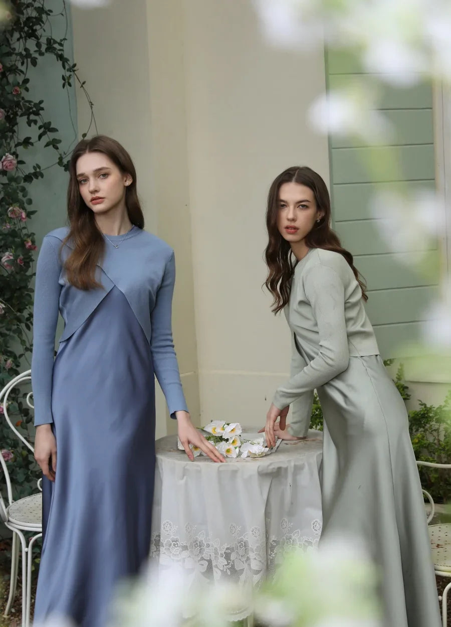 spring summer elegance satin dress + knitted top match set maxi floor length woman clothes