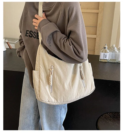 Summer Women Solid Color Shoulder Bag Fashion Lightweight Versatile Travel Crossbody Bag Commuter Nylon Large Capacity Hobo Bag