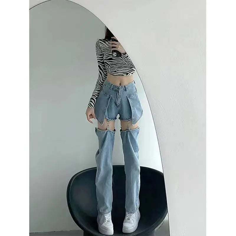 High Street Straight Fake Two Ripped Jeans
