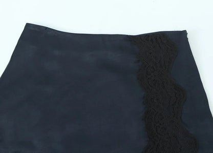 Women Satin Mini Skirt with Lace Spring Summer Mid Waist Women's Asymmetric Hem Skirt Side zip Women's Chic Skirts