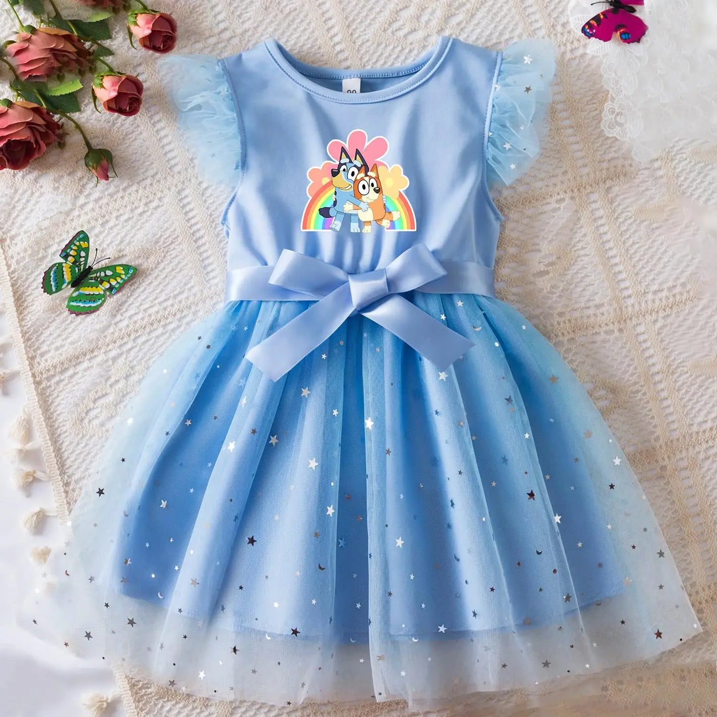 Girls Sequin Tutu Dress with Bow Flutter Sleeves Summer Princess Party Outfit for Toddler Kids 2-6 Years