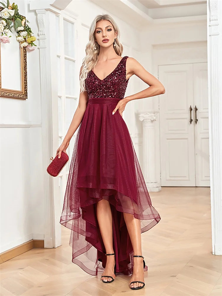 Elegant Women Sleeveless Sequins V-Back Floor Length Formal Evening Dresses Luxury V-neck Wedding Party Cocktail Gowns