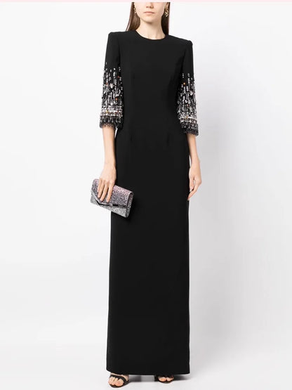 Fashion 2026 S/S Designer Vestido Women's Half Sleeve Stunning Beaded  Long Maxi Dress
