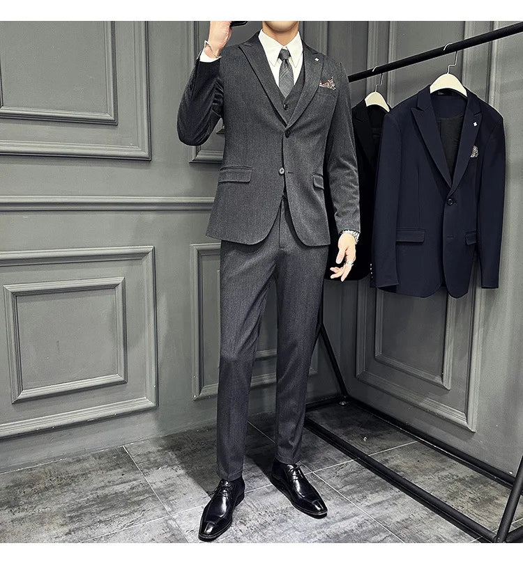 Slim Fit Men's Three Piece Suit Thin Single Button Notch Lapel Casual Fashion Cotton Blend Spring Autumn Wear for Youth