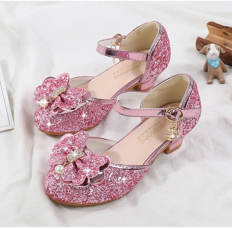 Children's Sandals for Party Wedding Elegant Bowknot Kids Girls Versatile Sequins High-heels Fashion Pearl Princess Single Shoes