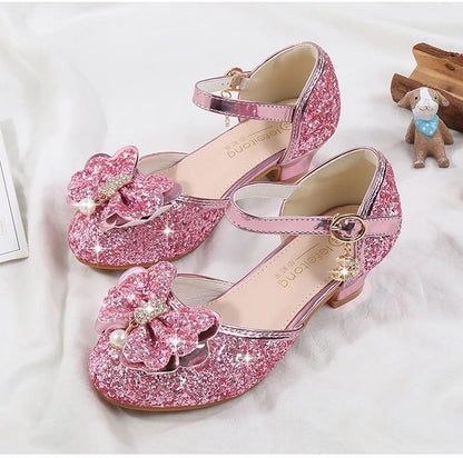 Children's Sandals for Party Wedding Elegant Bowknot Kids Girls Versatile Sequins High-heels Fashion Pearl Princess Single Shoes