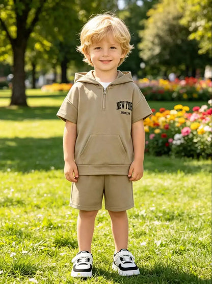 Boys Khaki Letter Print Half Zip Hooded 2Pcs Summer Set, Short Sleeve Hoodie + Shorts, Kids Casual Outfit 3-12Y