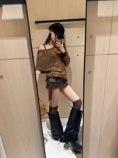 Spring Summer Cool Sexy Vintage Distressed Brown Pu Leather Mini Skirt Women Three-dimensional pockets Belt Streetwear