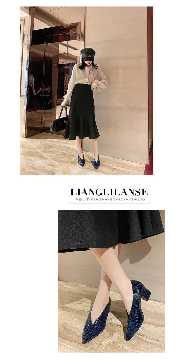 Vintage black Soft Leather Shallow Pointed Toe Thick Heel Women's Flats 2024 New Spring Summer High Heel Versatile High Shoes