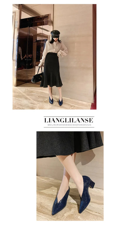 Vintage black Soft Leather Shallow Pointed Toe Thick Heel Women's Flats 2024 New Spring Summer High Heel Versatile High Shoes