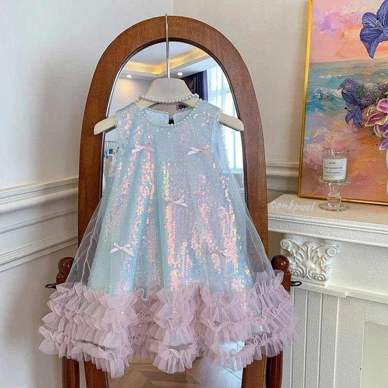 Girls Dress Cotton Summer New Childrens Clothing Korean Style Girls Baby Bow Glittering Princess Skirt Casual Simple Daily Party