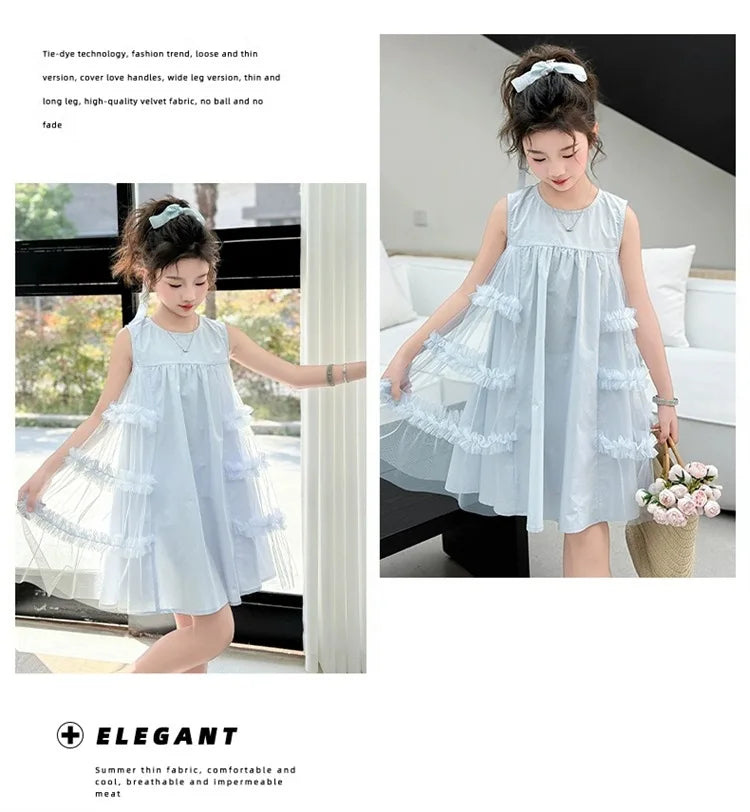 Cute blue lace sleeveless dress With Bag princess dress For 2-10 Yrs baby girls Children Clothes 6.1 Children's Day Clothing