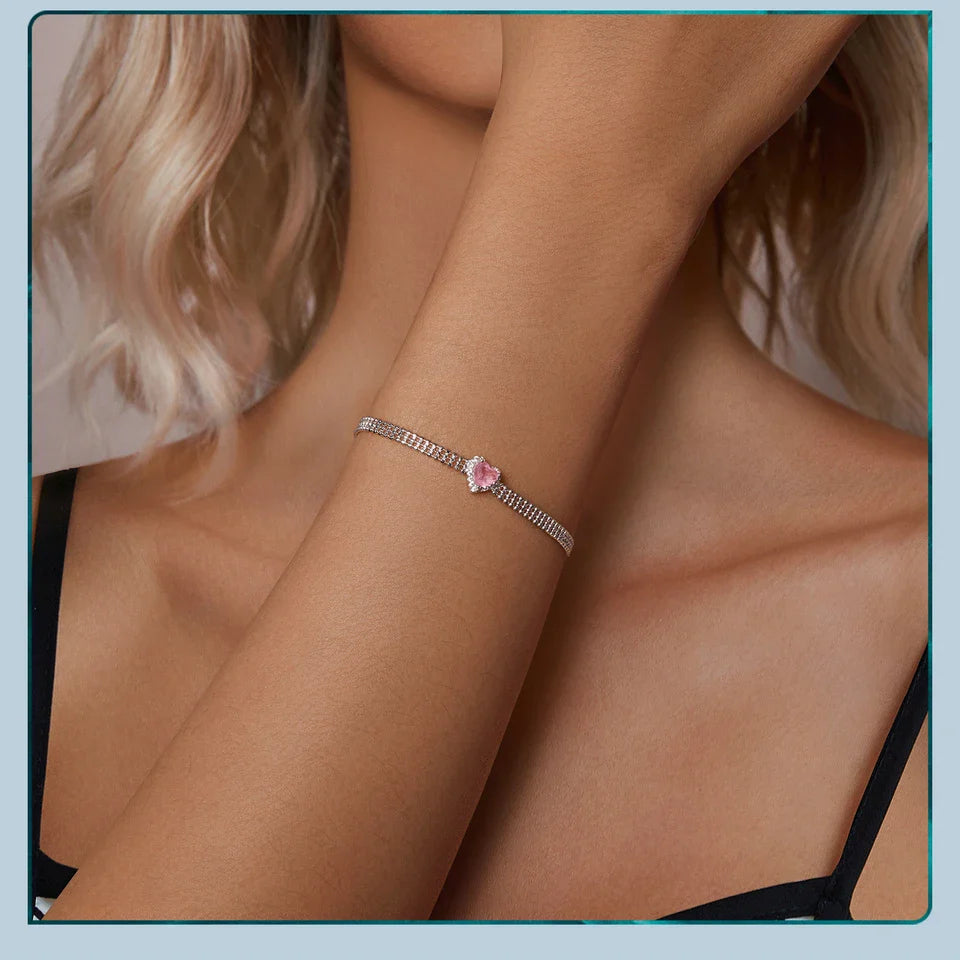 Love Heart Bracelets for Women Girls 925 Sterling Silver with CZ, White Gold Plated Charm Link Chain Bracelet Jewelry