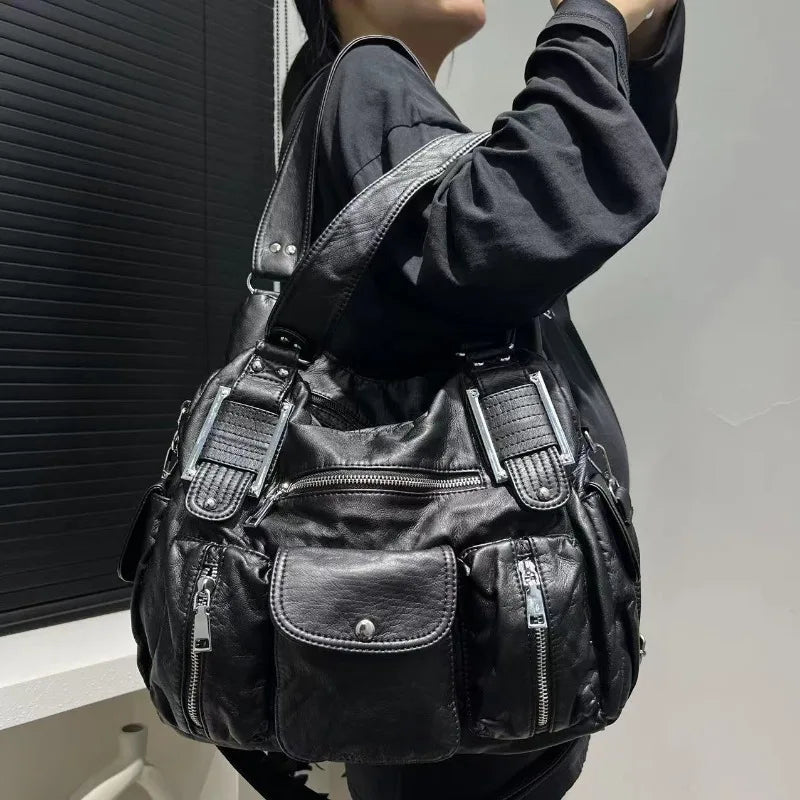 Women's Fashion Y2K Hot Girl Motorcycle Bag Old Lychee Pattern Multi-Pocket Shoulder Crossbody Bag