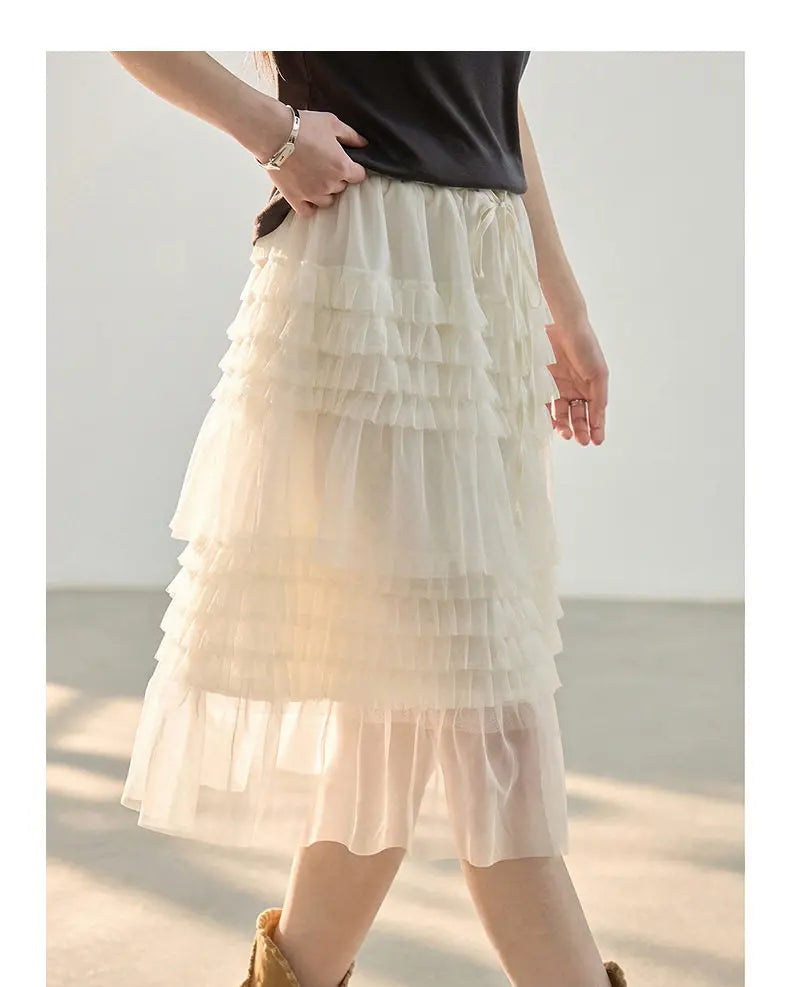 Korean Style Lace Elastic Waist Cake Skirt Mesh Puffy Skirt Women's Dress Knee Length Casual A-Line Skirt Micro Stretch No Slit