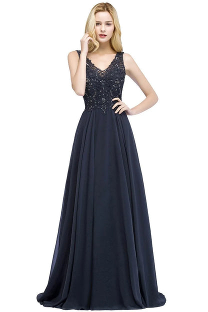 Vestido de festa de casamento em azul marinho com chiffon, renda, bordado, decote em V, cristal, sem mangas, elegante, formal, para madrinha de casamento