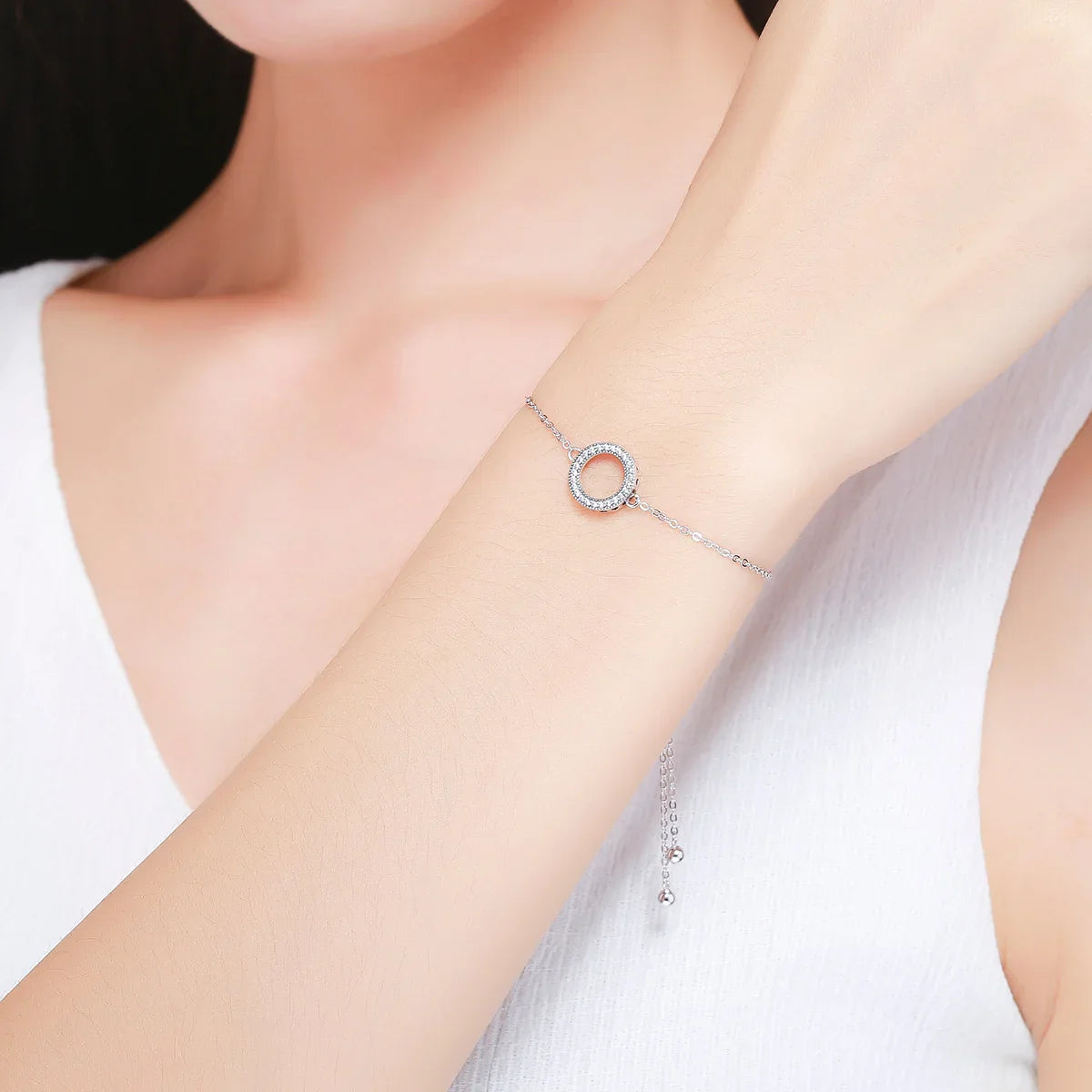 925 Sterling Silver Classic Zircon Hollow Circle Bracelet Hearts Strand Chain Link for Women Vintage Fine Jewelry SCB030