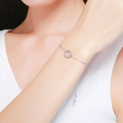 925 Sterling Silver Classic Zircon Hollow Circle Bracelet Hearts Strand Chain Link for Women Vintage Fine Jewelry SCB030