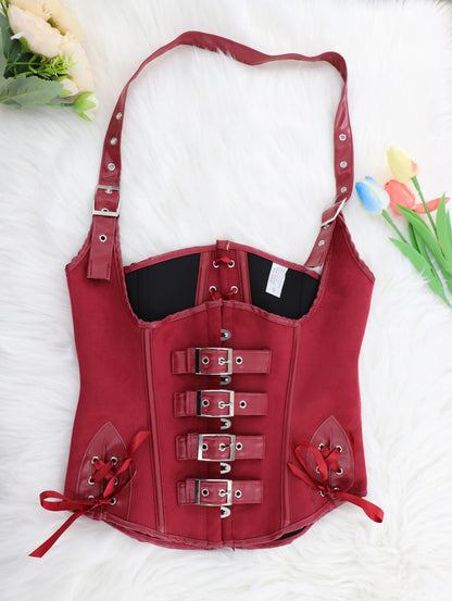 Steampunk Corsets And Bustiers Sexy Halterneck Synthetic waist trainer Gothic Red Corset Top Women Outwear Corselet