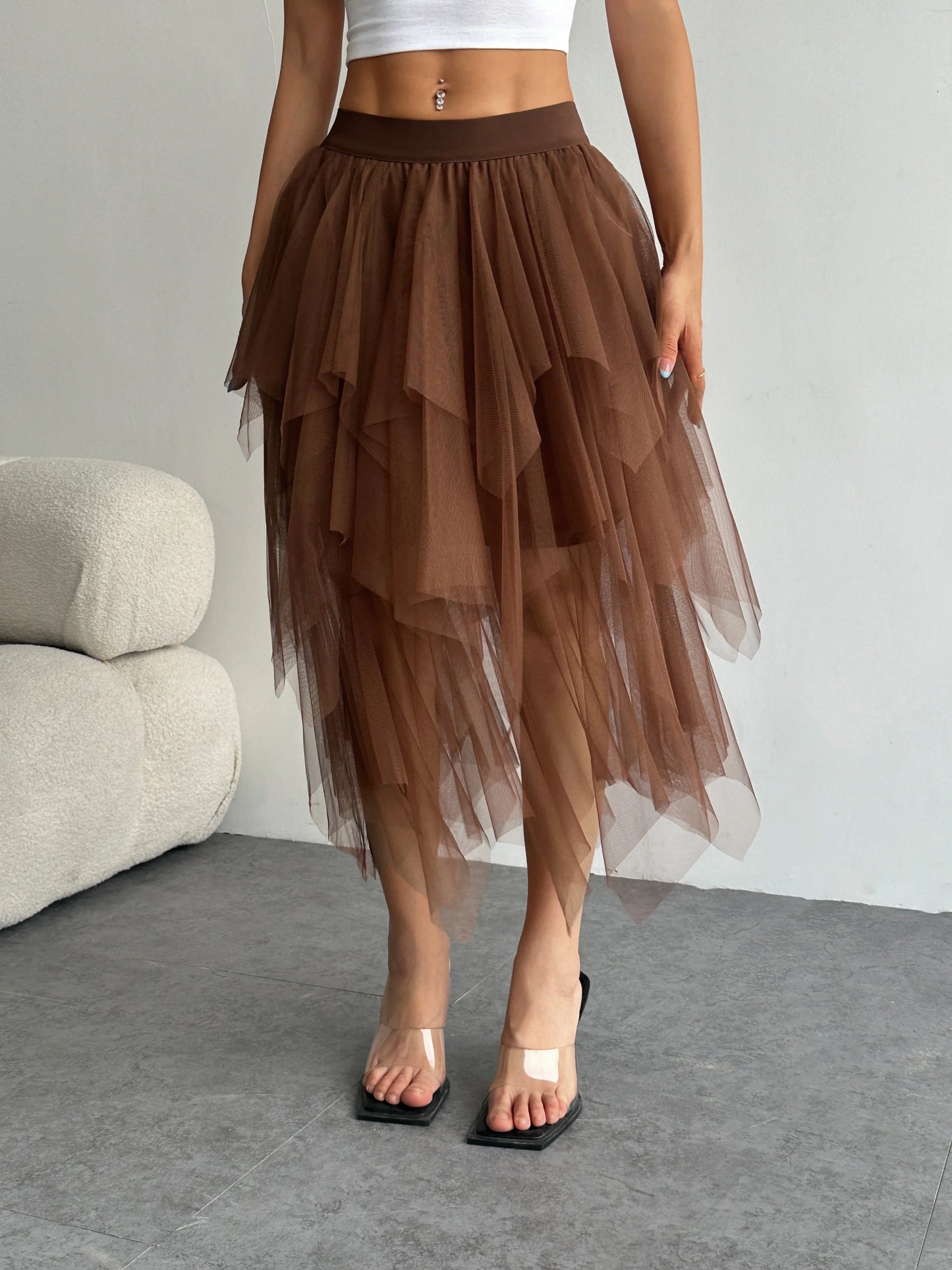 Ladies' high waisted elastic waist layered chiffon midi skirt with irregular asymmetric hem party casual mesh fairy ballet skirt