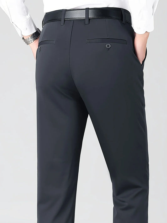 Men's High Elastic Anti-Wrinkle Straight Fit Business Pants | Non-Iron Formal Casual Trousers (1-Pack)