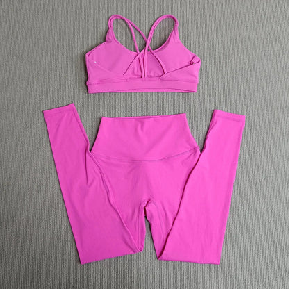 2 Pcs Women's Gym Tights Yoga Sports Set High Waist Leggings Cross Back Bra Top Fitness Running Workout Tracksuit