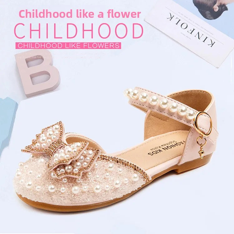2026 Spring New Girl Sandals Cute Bow Pearl Sequins Kid Princess Shoes Flat Heels children Dancing 21-34