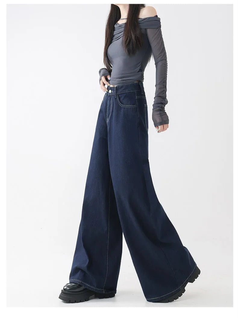 High Waist Straight Leg Loose Fit Denim Jeans Women's Floor Length Lazy Wide Leg Meat Concealing Deep Blue American Style Long P