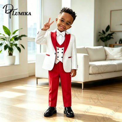 Boys’ 4-Piece Slim Fit Jacquard Suit Set in Red for Weddings