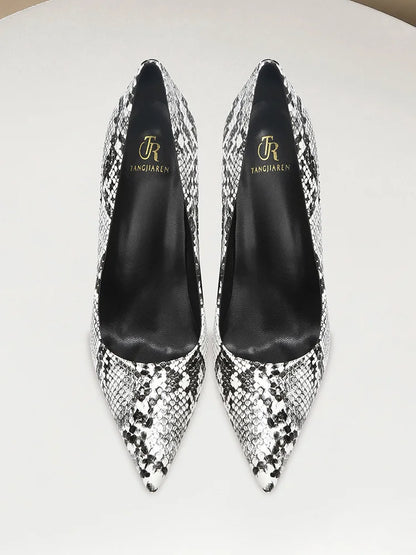 Summer fashion new snake patterned high heels for women slim heels, sexy, shallow mouth, niche temperament, pointed single shoes