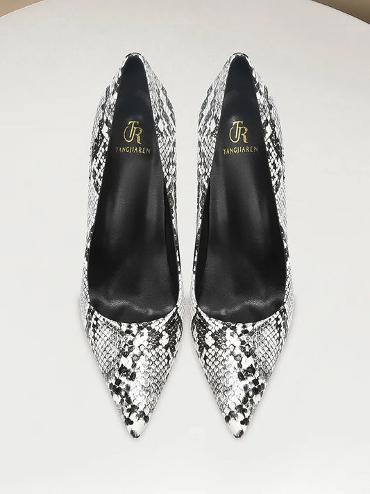 Summer fashion new snake patterned high heels for women slim heels, sexy, shallow mouth, niche temperament, pointed single shoes