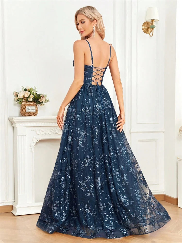 Elegant Sequins Sexy Backless Evening Dress For Women Deep V-neck Prom Party  Dress Floor Length Blue Formal Gowns