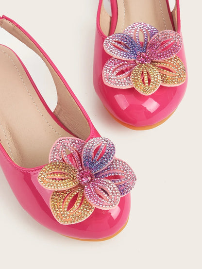 Summer New Children's High Heels Girls' Crystal Princess Shoes Hollow Heel Round Toe Fashion Flower Baby Girls' Sandals Rose Red