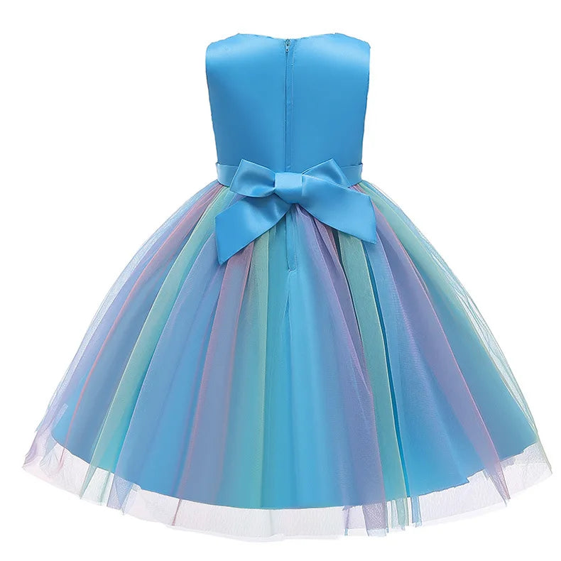 Vestido de princesa flor de lantejoulas para meninas 3-12 anos vestido de laço elegante colorido de renda de malha carnaval festa de aniversário apresentação