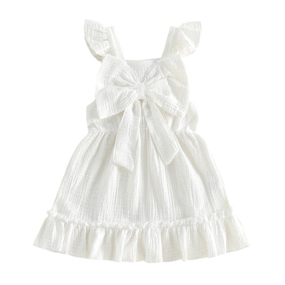 Toddler Kids Baby Girls Summer Casual Dress Princess Girls Solid Cotton Linen Fly Sleeve Bowknot Holiday Party Dress Sundress