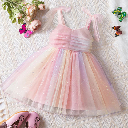 Vestido Infantil Bear Leader Sem Mangas com Lantejoulas Doce Princesa Meninas Fantasia Malha Verão Fofo Arco-Íris Roupa Infantil