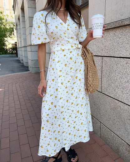 Summer Women Psrinted Dress Lace Up Short Sleeve Fashion Office Lady Long Dress 100% Cotton Daily Casual V-neck Skirt