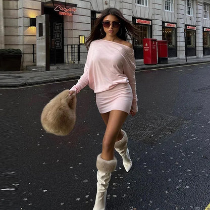 Woman Clothes Diagonal Collar Long Sleeve Package Hip Short Dress Streetwear Black Pink High Waist Tunics Slim Party Dresses